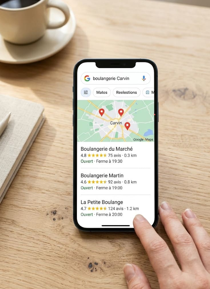 Capture d'une recherche locale Google sur smartphone affichant le pack local avec 3 résultats d'entreprises