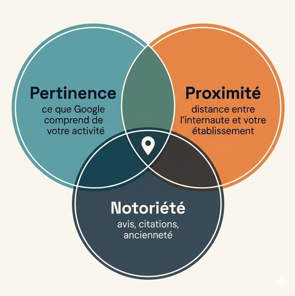 Schéma des 3 critères de classement Google Maps : pertinence, proximité, notoriété représentés en diagramme de Venn