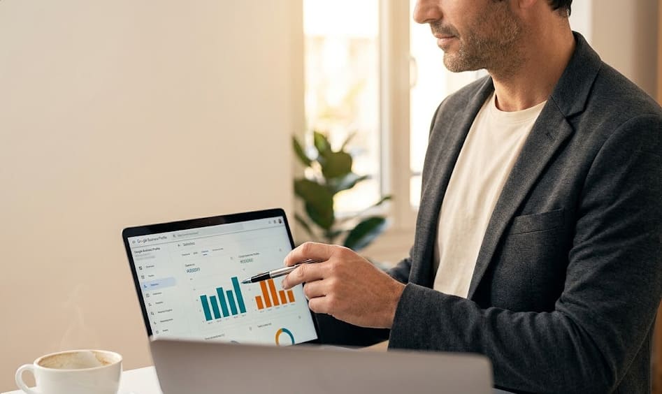Expert LeLab360 analysant un tableau de bord Google Business Profile sur ordinateur dans un bureau