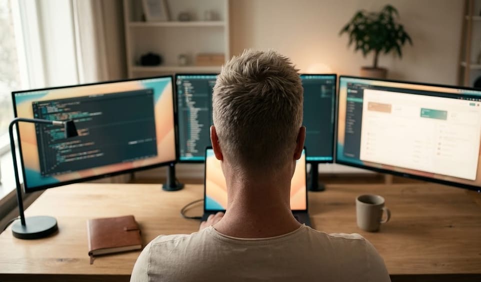 Julien Rommelard, fondateur de LeLab360, à son bureau à Carvin (Pas-de-Calais), vu de dos devant ses écrans de travail