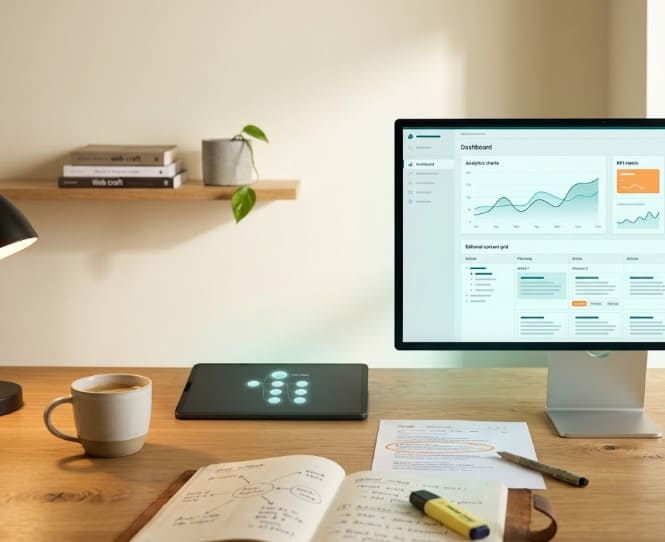 Bureau de travail de LeLab360 — écrans d'analyse SEO, dashboards et carnet de notes, le « labo » interne où Julien teste ses méthodes