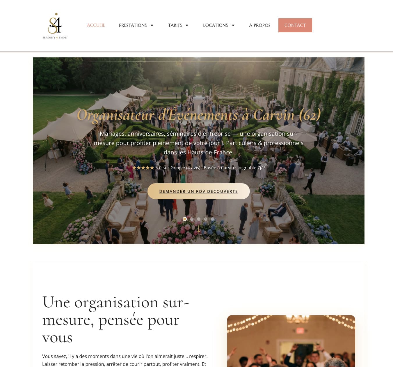 Aperçu de la page d'accueil de serenity4event.net, site d'organisatrice d'événements à Carvin réalisé par LeLab360