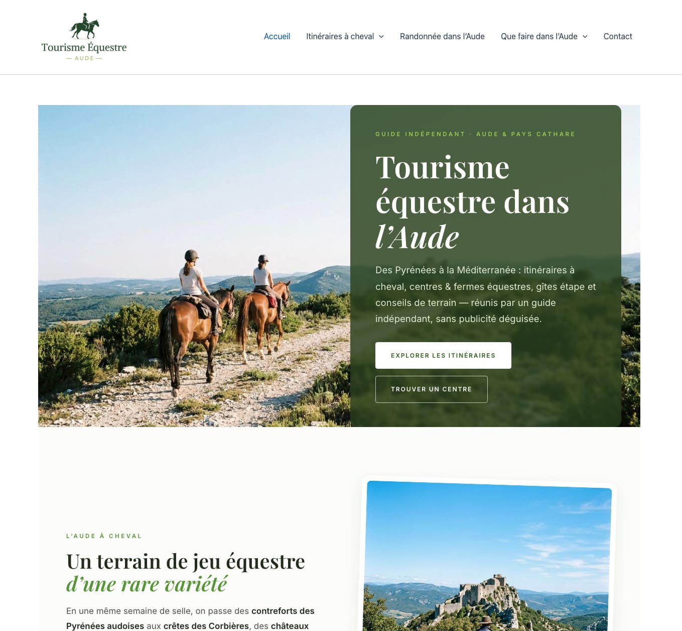 Aperçu de la page d'accueil de tourisme-equestre-aude.fr, guide du tourisme équestre dans l'Aude conçu par LeLab360