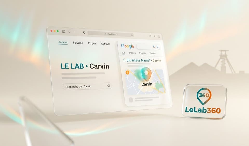 Visuel de marque LeLab360, agence web à Carvin — composition évoquant la visibilité d'une entreprise locale sur Google