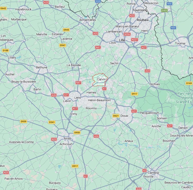 Carte de la zone d'intervention LeLab360 — Carvin et le bassin minier (Lens, Arras, Hénin-Beaumont, Douai, Liévin)