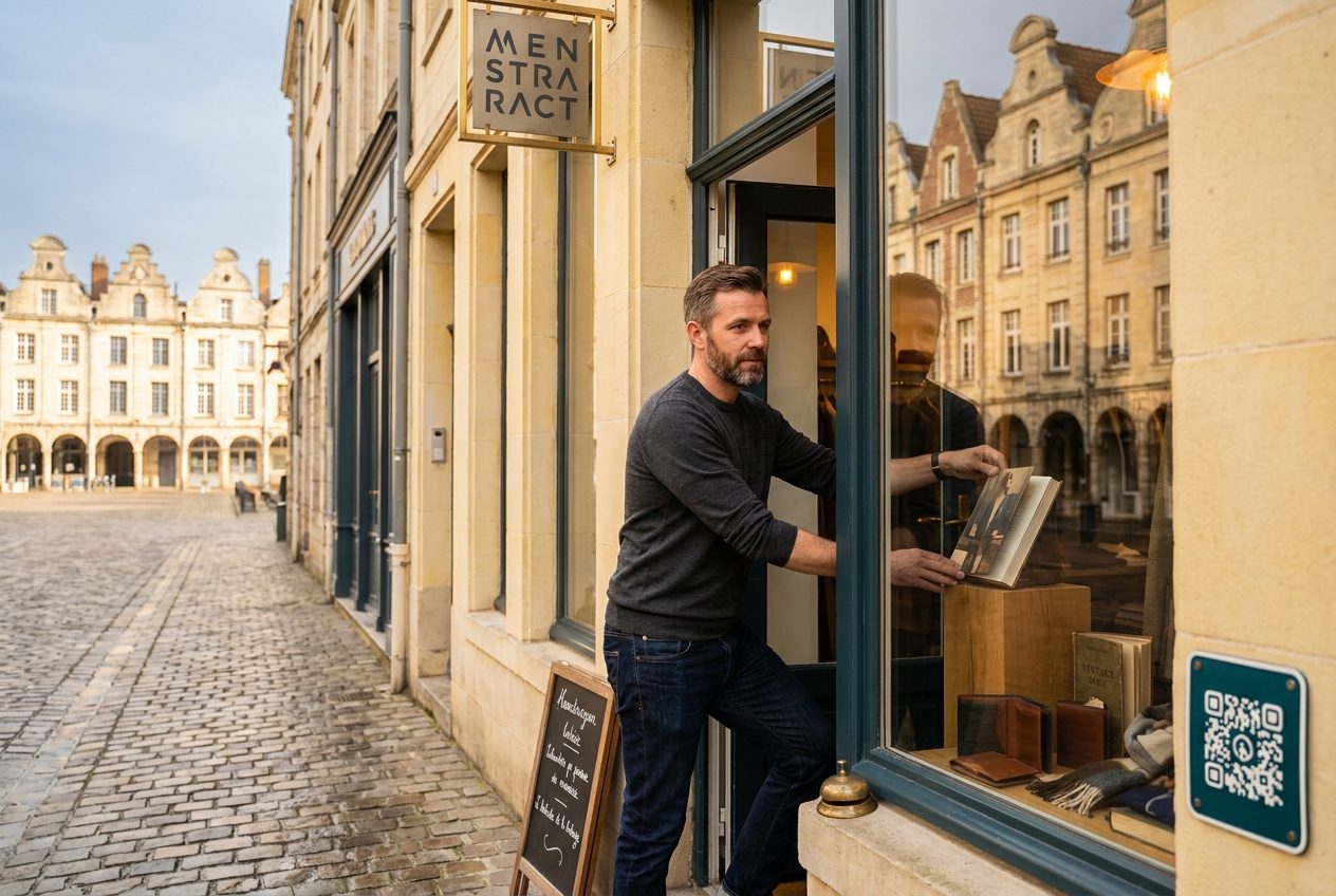 Agence web à Arras — commerçant indépendant ajustant la vitrine de sa boutique, dans une rue pavée aux façades de pierre claire