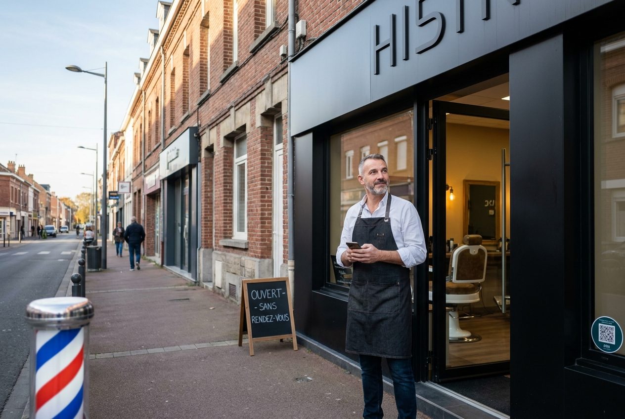 Agence web à Hénin-Beaumont — barbier consultant son téléphone devant son salon dans une rue commerçante en brique rouge