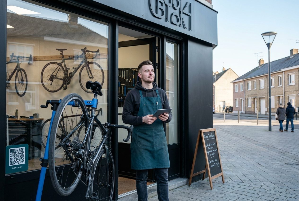 Agence web à Liévin — gérant d'un atelier de réparation de vélos consultant ses réservations en ligne sur une tablette devant sa boutique