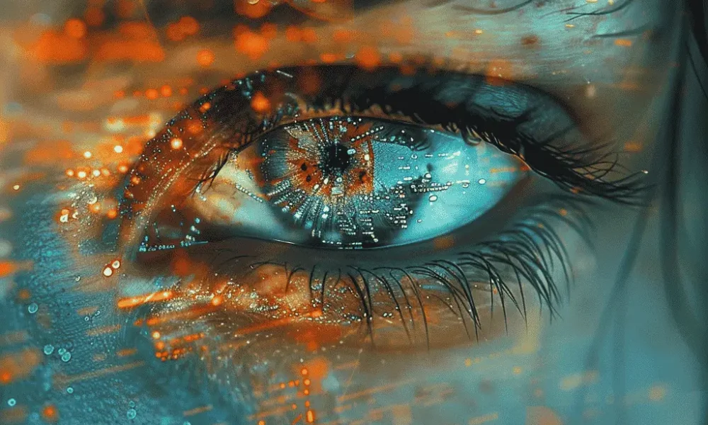 Œil coloré avec des éléments numériques représentant la vision créative et l'innovation pour une agence création de contenu.